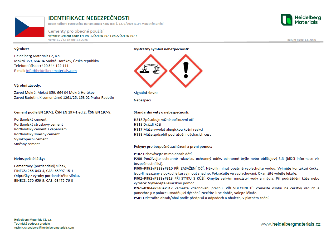 Identifikace nebezpečnosti cementy pro obecné použití